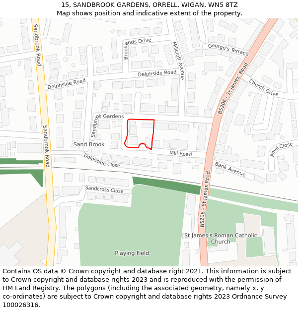 15, SANDBROOK GARDENS, ORRELL, WIGAN, WN5 8TZ: Location map and indicative extent of plot