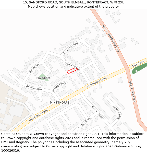 15, SANDFORD ROAD, SOUTH ELMSALL, PONTEFRACT, WF9 2XL: Location map and indicative extent of plot