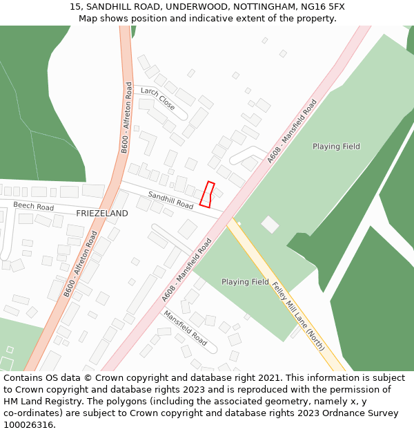 15, SANDHILL ROAD, UNDERWOOD, NOTTINGHAM, NG16 5FX: Location map and indicative extent of plot