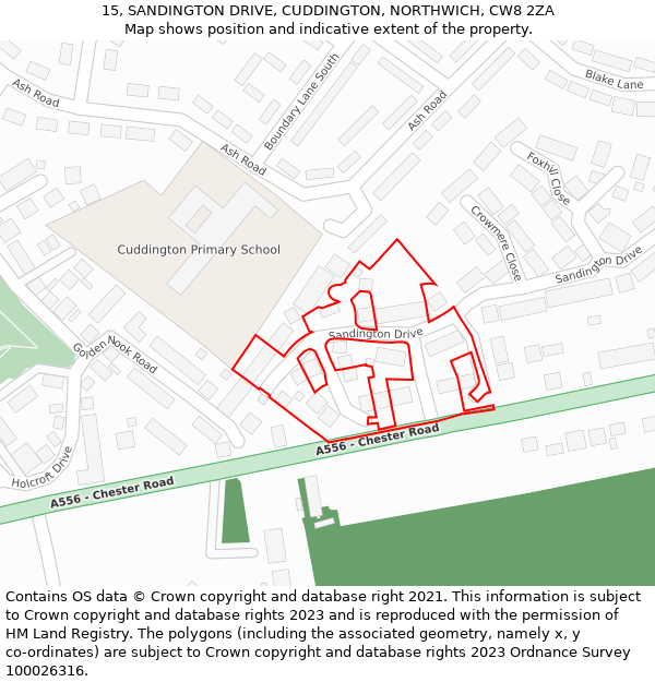 15, SANDINGTON DRIVE, CUDDINGTON, NORTHWICH, CW8 2ZA: Location map and indicative extent of plot