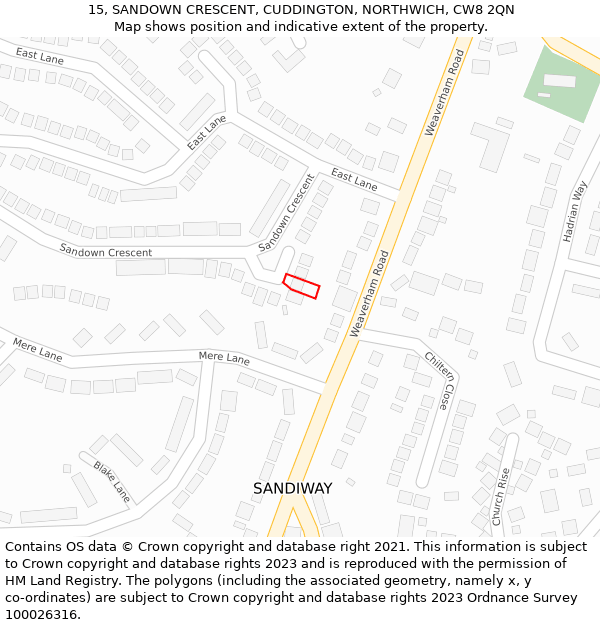 15, SANDOWN CRESCENT, CUDDINGTON, NORTHWICH, CW8 2QN: Location map and indicative extent of plot