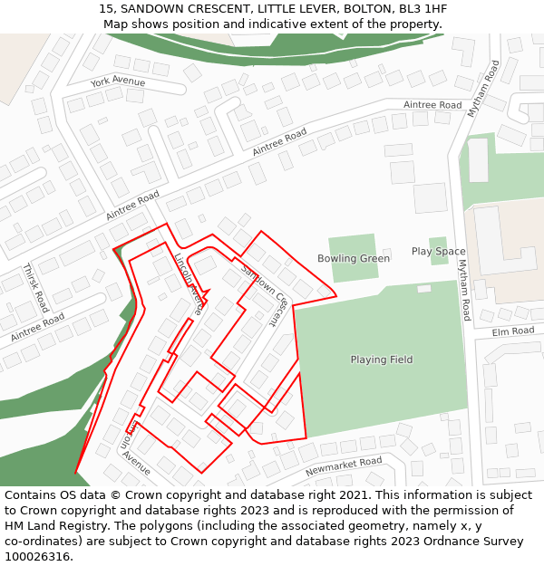 15, SANDOWN CRESCENT, LITTLE LEVER, BOLTON, BL3 1HF: Location map and indicative extent of plot