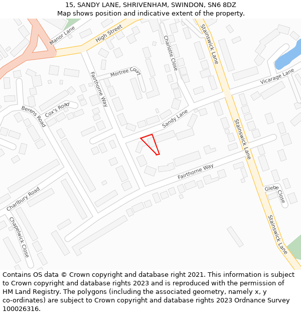 15, SANDY LANE, SHRIVENHAM, SWINDON, SN6 8DZ: Location map and indicative extent of plot