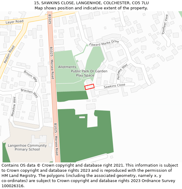 15, SAWKINS CLOSE, LANGENHOE, COLCHESTER, CO5 7LU: Location map and indicative extent of plot