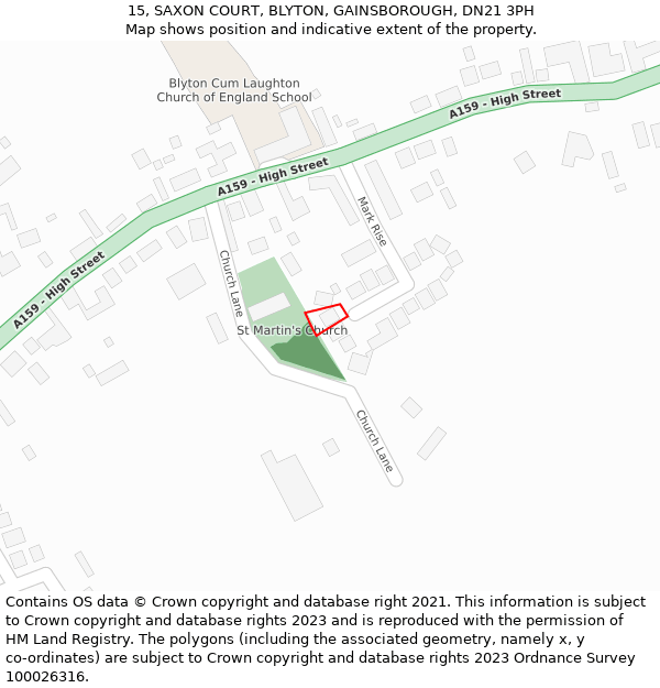 15, SAXON COURT, BLYTON, GAINSBOROUGH, DN21 3PH: Location map and indicative extent of plot