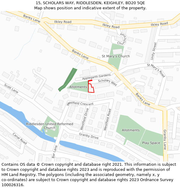 15, SCHOLARS WAY, RIDDLESDEN, KEIGHLEY, BD20 5QE: Location map and indicative extent of plot