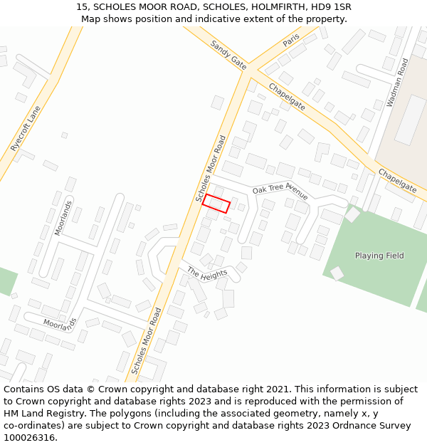 15, SCHOLES MOOR ROAD, SCHOLES, HOLMFIRTH, HD9 1SR: Location map and indicative extent of plot