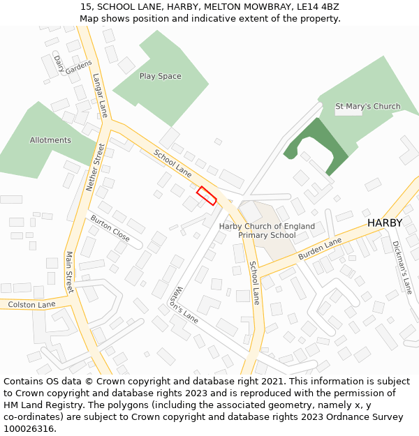 15, SCHOOL LANE, HARBY, MELTON MOWBRAY, LE14 4BZ: Location map and indicative extent of plot