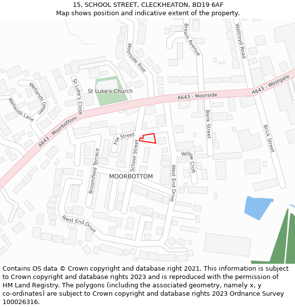 15, SCHOOL STREET, CLECKHEATON, BD19 6AF: Location map and indicative extent of plot