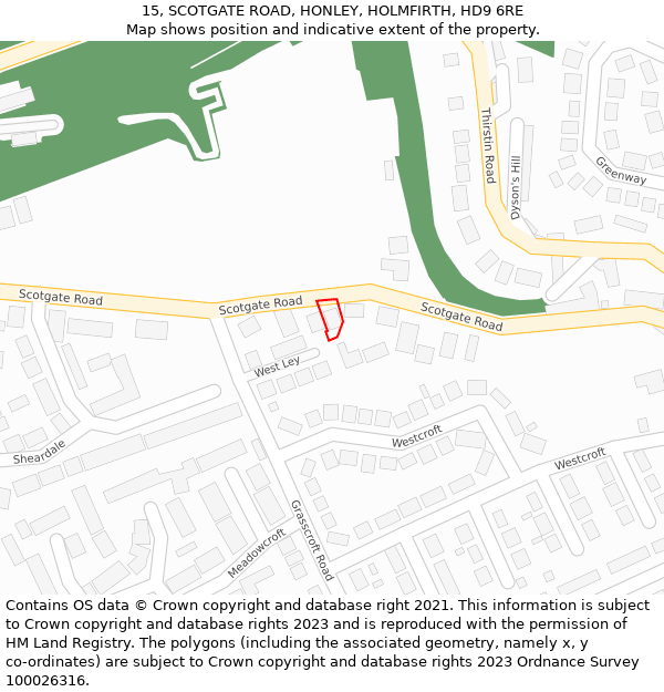 15, SCOTGATE ROAD, HONLEY, HOLMFIRTH, HD9 6RE: Location map and indicative extent of plot