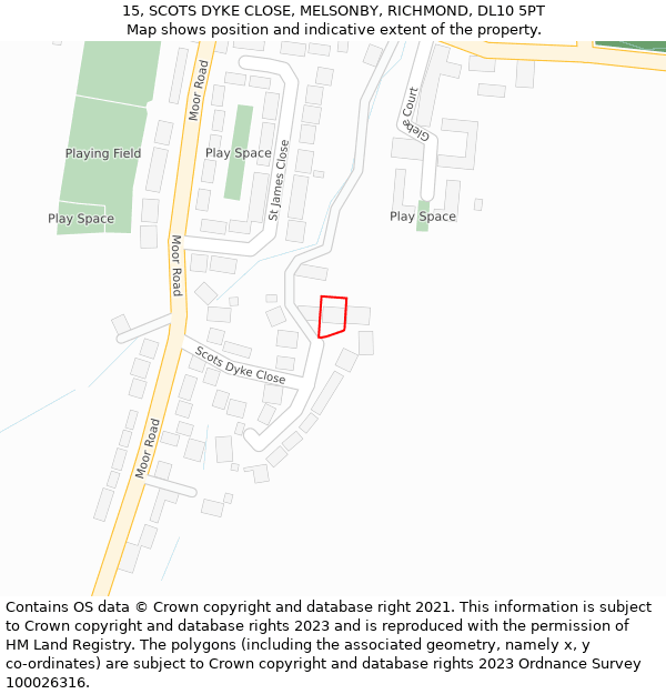 15, SCOTS DYKE CLOSE, MELSONBY, RICHMOND, DL10 5PT: Location map and indicative extent of plot