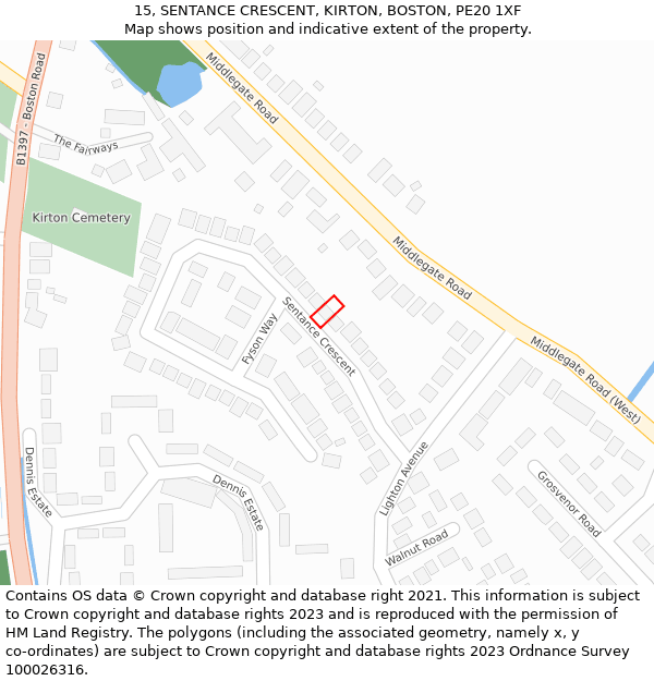 15, SENTANCE CRESCENT, KIRTON, BOSTON, PE20 1XF: Location map and indicative extent of plot