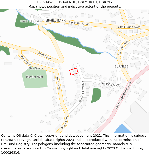 15, SHAWFIELD AVENUE, HOLMFIRTH, HD9 2LZ: Location map and indicative extent of plot