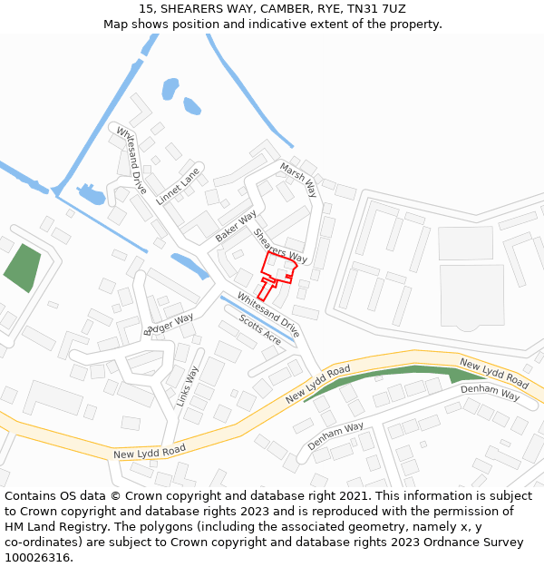 15, SHEARERS WAY, CAMBER, RYE, TN31 7UZ: Location map and indicative extent of plot