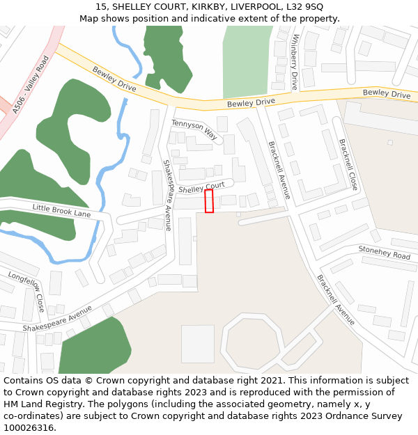 15, SHELLEY COURT, KIRKBY, LIVERPOOL, L32 9SQ: Location map and indicative extent of plot