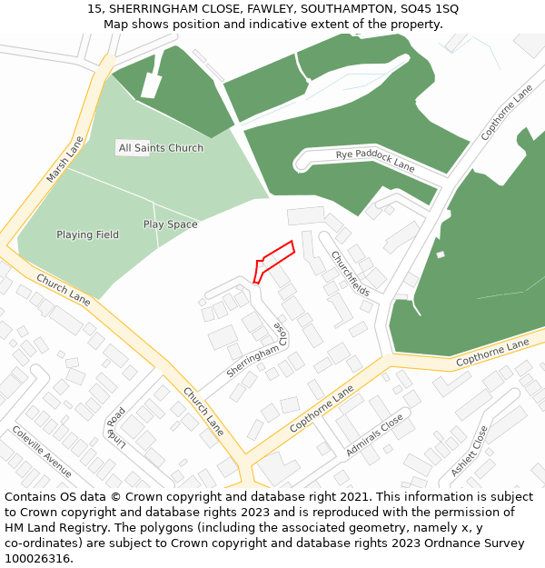 15, SHERRINGHAM CLOSE, FAWLEY, SOUTHAMPTON, SO45 1SQ: Location map and indicative extent of plot