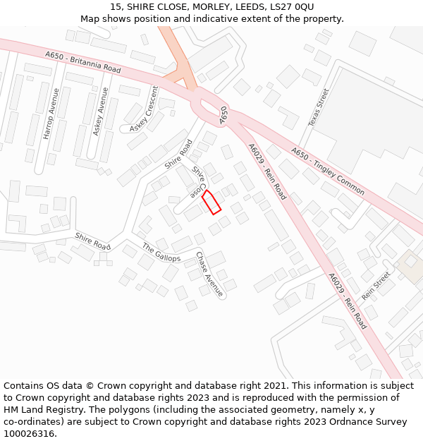 15, SHIRE CLOSE, MORLEY, LEEDS, LS27 0QU: Location map and indicative extent of plot