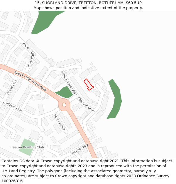 15, SHORLAND DRIVE, TREETON, ROTHERHAM, S60 5UP: Location map and indicative extent of plot