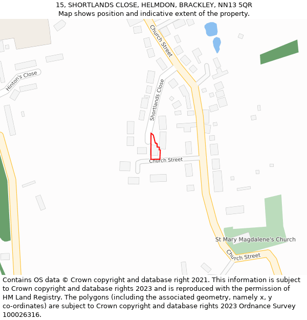 15, SHORTLANDS CLOSE, HELMDON, BRACKLEY, NN13 5QR: Location map and indicative extent of plot