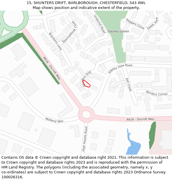 15, SHUNTERS DRIFT, BARLBOROUGH, CHESTERFIELD, S43 4WL: Location map and indicative extent of plot