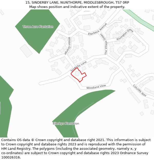 15, SINDERBY LANE, NUNTHORPE, MIDDLESBROUGH, TS7 0RP: Location map and indicative extent of plot