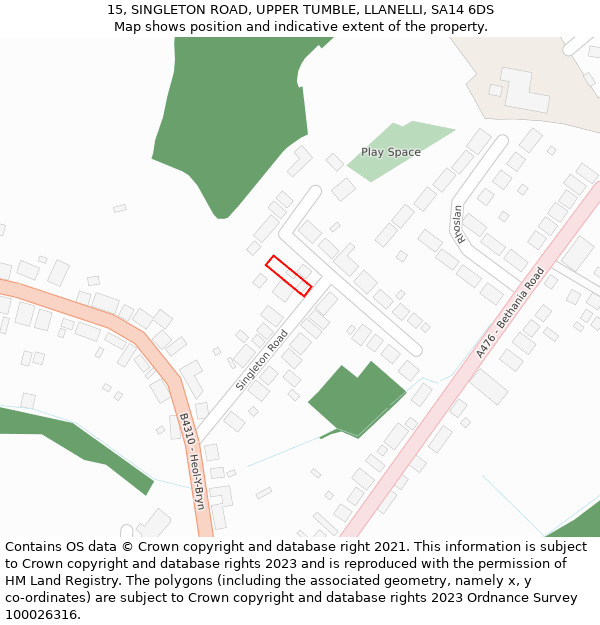 15, SINGLETON ROAD, UPPER TUMBLE, LLANELLI, SA14 6DS: Location map and indicative extent of plot