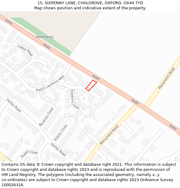 15, SIXPENNY LANE, CHALGROVE, OXFORD, OX44 7YD: Location map and indicative extent of plot
