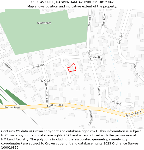 15, SLAVE HILL, HADDENHAM, AYLESBURY, HP17 8AY: Location map and indicative extent of plot