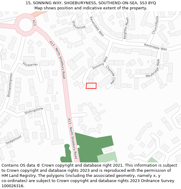 15, SONNING WAY, SHOEBURYNESS, SOUTHEND-ON-SEA, SS3 8YQ: Location map and indicative extent of plot