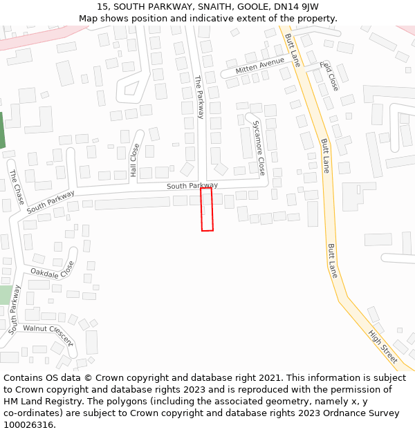 15, SOUTH PARKWAY, SNAITH, GOOLE, DN14 9JW: Location map and indicative extent of plot