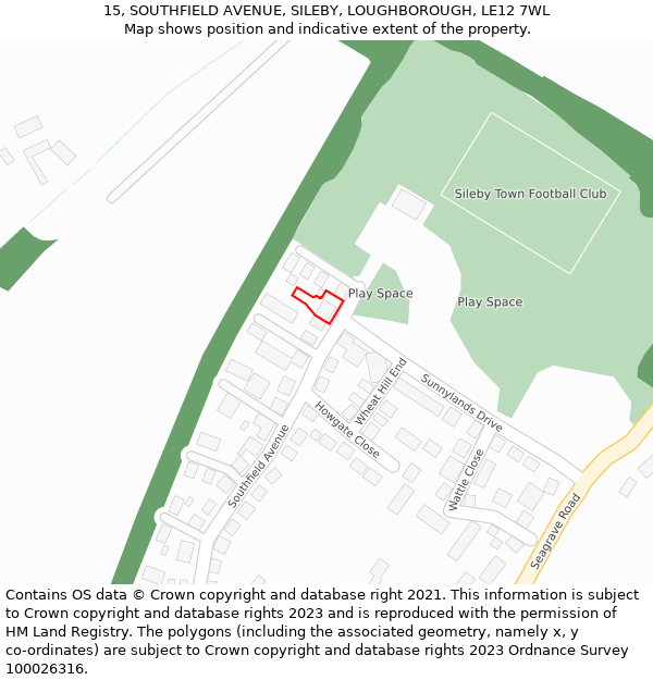 15, SOUTHFIELD AVENUE, SILEBY, LOUGHBOROUGH, LE12 7WL: Location map and indicative extent of plot