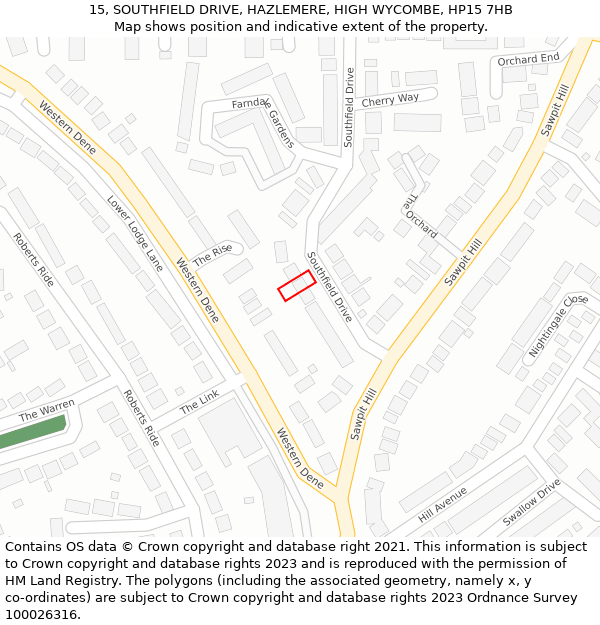 15, SOUTHFIELD DRIVE, HAZLEMERE, HIGH WYCOMBE, HP15 7HB: Location map and indicative extent of plot