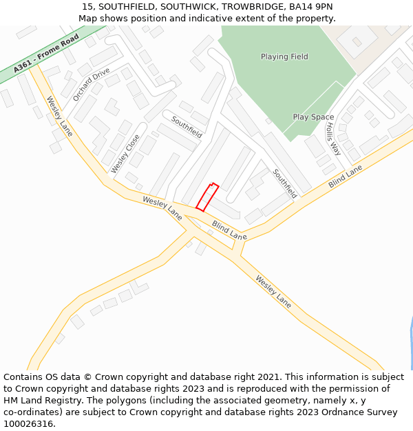 15, SOUTHFIELD, SOUTHWICK, TROWBRIDGE, BA14 9PN: Location map and indicative extent of plot