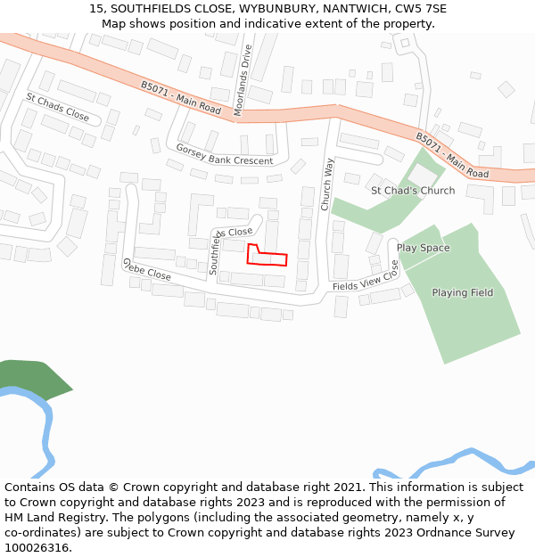 15, SOUTHFIELDS CLOSE, WYBUNBURY, NANTWICH, CW5 7SE: Location map and indicative extent of plot