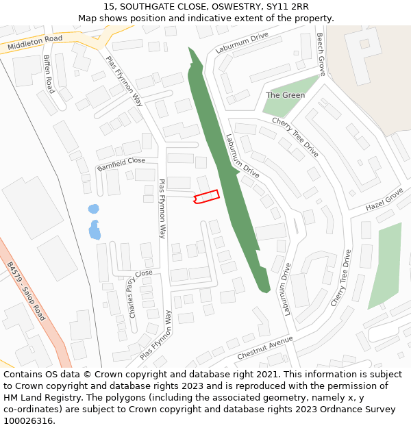 15, SOUTHGATE CLOSE, OSWESTRY, SY11 2RR: Location map and indicative extent of plot