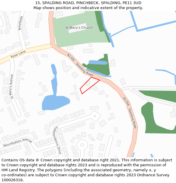 15, SPALDING ROAD, PINCHBECK, SPALDING, PE11 3UD: Location map and indicative extent of plot