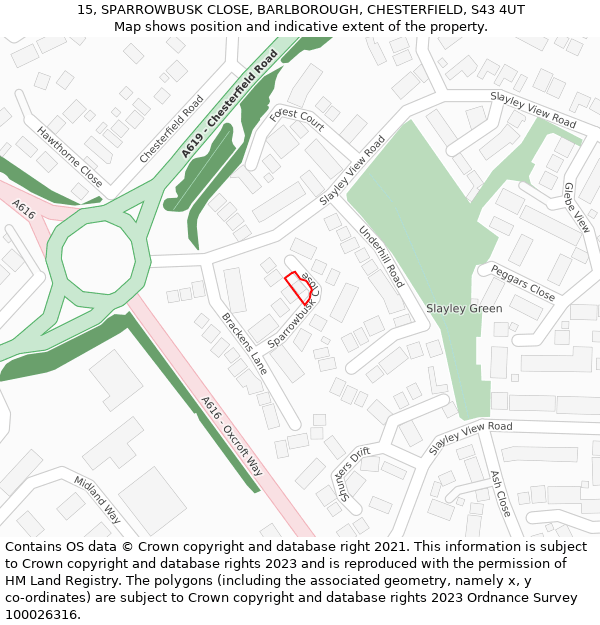 15, SPARROWBUSK CLOSE, BARLBOROUGH, CHESTERFIELD, S43 4UT: Location map and indicative extent of plot