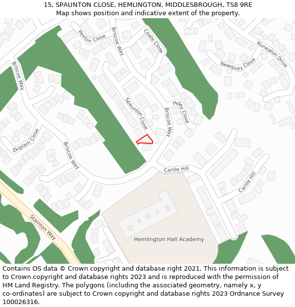 15, SPAUNTON CLOSE, HEMLINGTON, MIDDLESBROUGH, TS8 9RE: Location map and indicative extent of plot