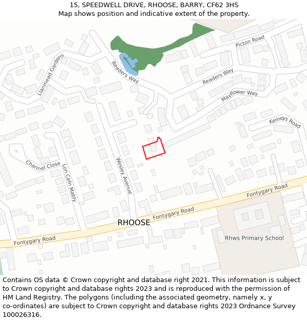 15, SPEEDWELL DRIVE, RHOOSE, BARRY, CF62 3HS: Location map and indicative extent of plot