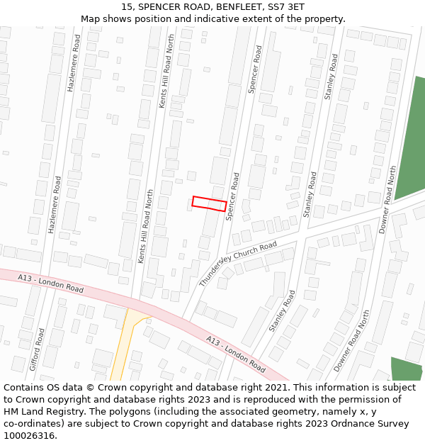 15, SPENCER ROAD, BENFLEET, SS7 3ET: Location map and indicative extent of plot