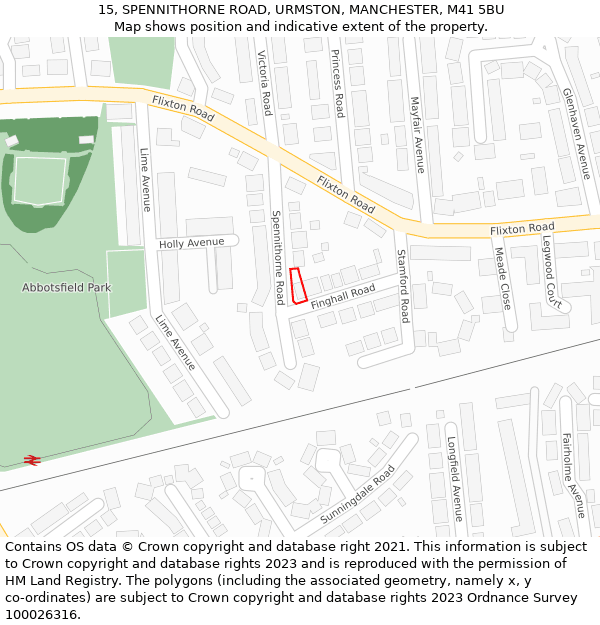15, SPENNITHORNE ROAD, URMSTON, MANCHESTER, M41 5BU: Location map and indicative extent of plot