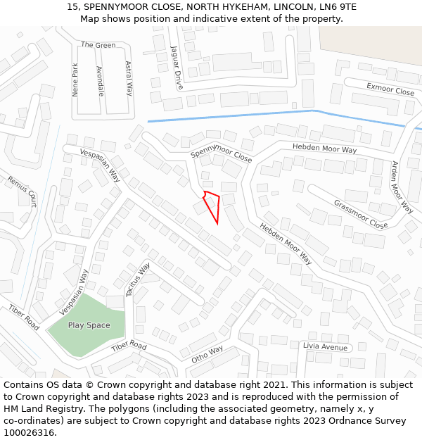 15, SPENNYMOOR CLOSE, NORTH HYKEHAM, LINCOLN, LN6 9TE: Location map and indicative extent of plot