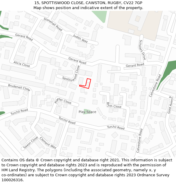 15, SPOTTISWOOD CLOSE, CAWSTON, RUGBY, CV22 7GP: Location map and indicative extent of plot