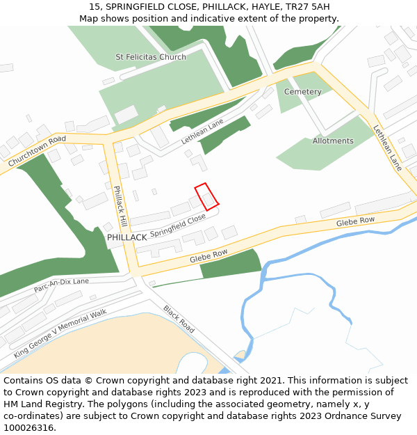 15, SPRINGFIELD CLOSE, PHILLACK, HAYLE, TR27 5AH: Location map and indicative extent of plot