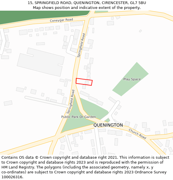 15, SPRINGFIELD ROAD, QUENINGTON, CIRENCESTER, GL7 5BU: Location map and indicative extent of plot