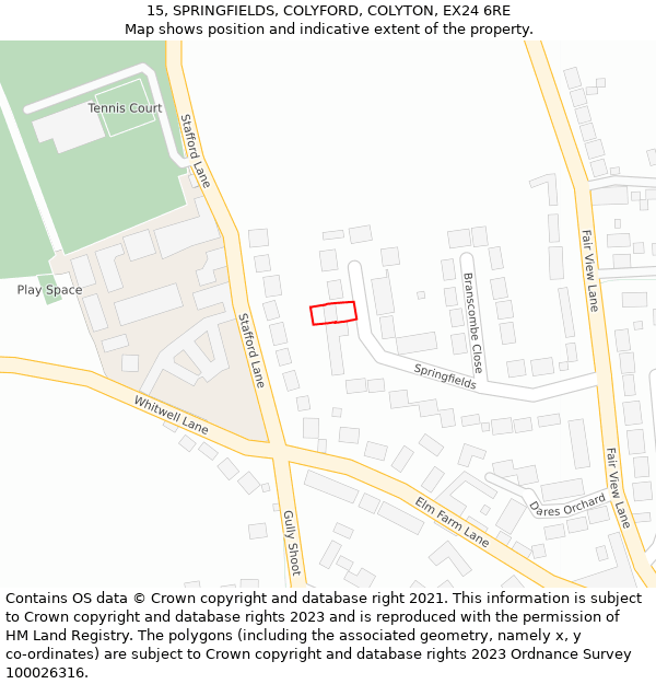 15, SPRINGFIELDS, COLYFORD, COLYTON, EX24 6RE: Location map and indicative extent of plot