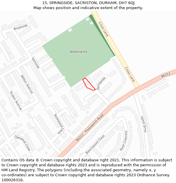 15, SPRINGSIDE, SACRISTON, DURHAM, DH7 6QJ: Location map and indicative extent of plot