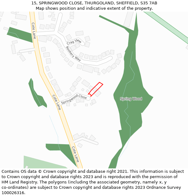 15, SPRINGWOOD CLOSE, THURGOLAND, SHEFFIELD, S35 7AB: Location map and indicative extent of plot