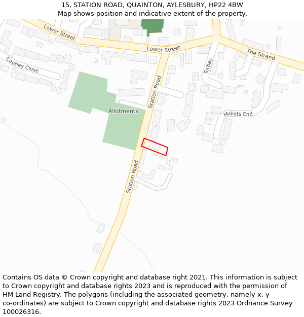 15, STATION ROAD, QUAINTON, AYLESBURY, HP22 4BW: Location map and indicative extent of plot