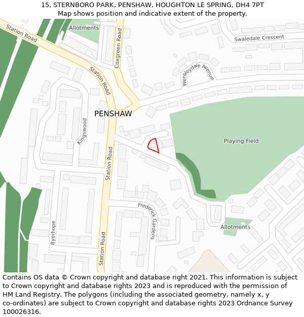 15, STERNBORO PARK, PENSHAW, HOUGHTON LE SPRING, DH4 7PT: Location map and indicative extent of plot